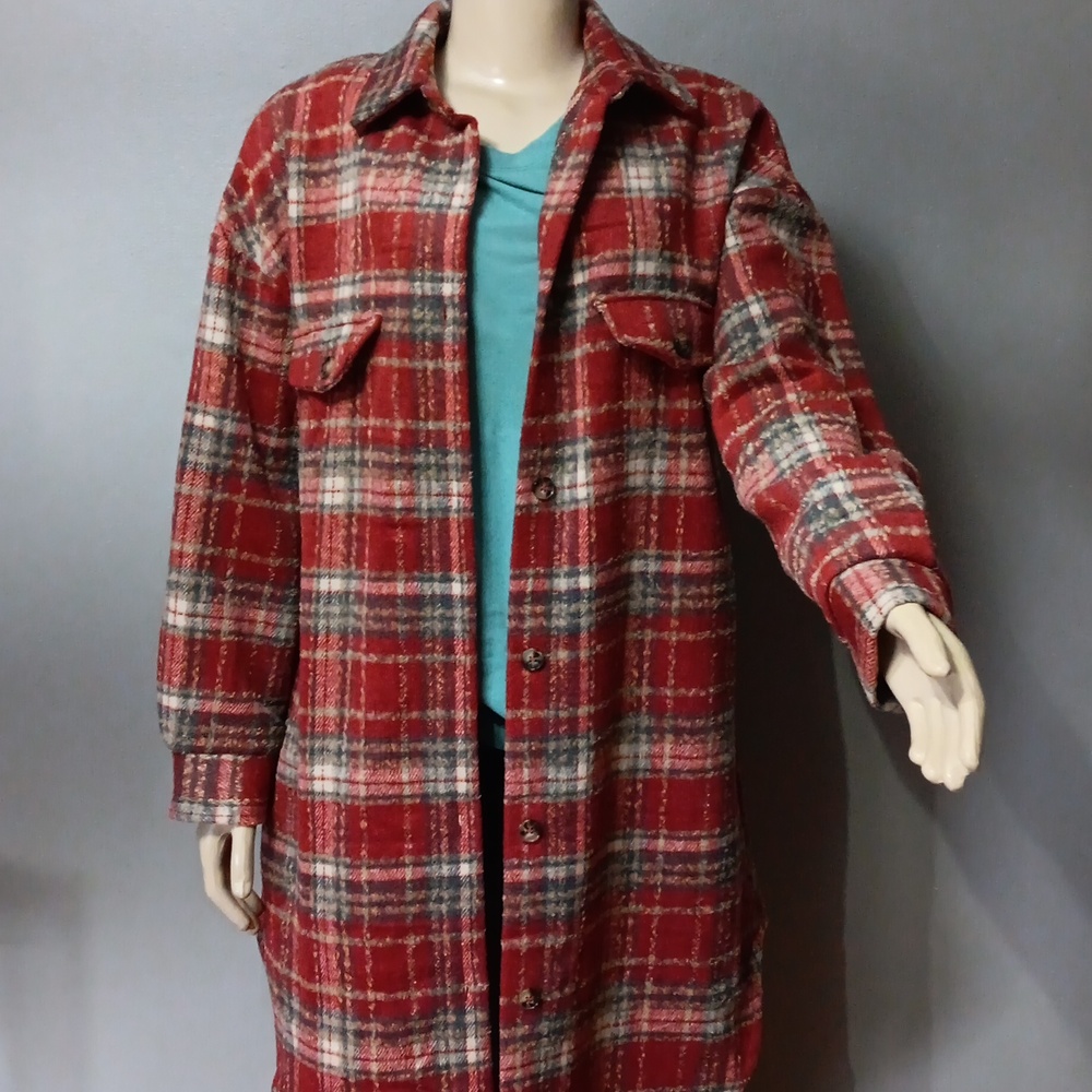 Red Plaid Trench Style Jacket - Picture 8 of 9